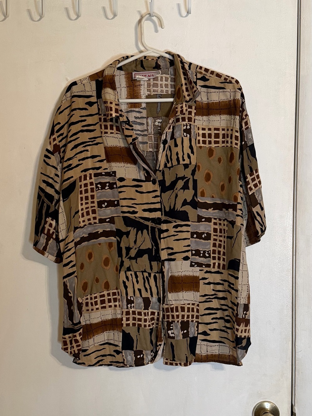 Cabrais Mixed Animal Print Beige Black and Brown Short-Sleeve Button-Up Shirt